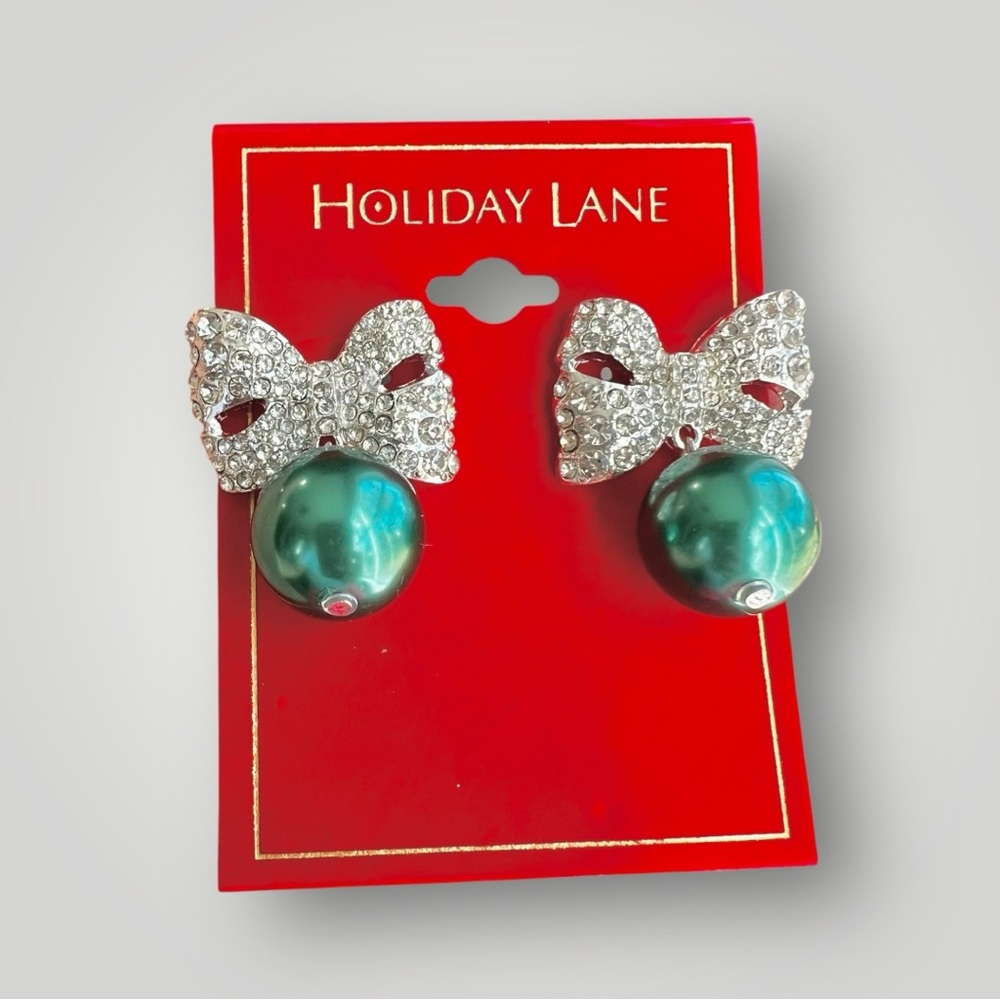 Pavé Ribbon Silver Tone Green Christmas Ornament Stud Earring Holiday Lane New - Picture 2 of 7